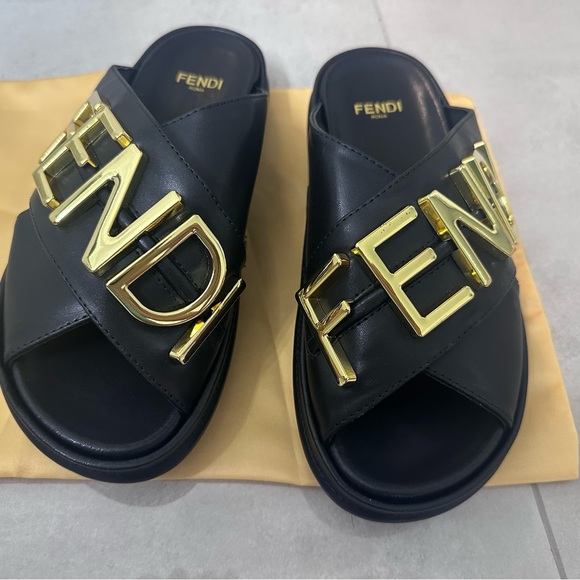 FENDI Vitello Women's Fendigraphy Slide Sandals 37 Black & Gold - Picture 7 of 9